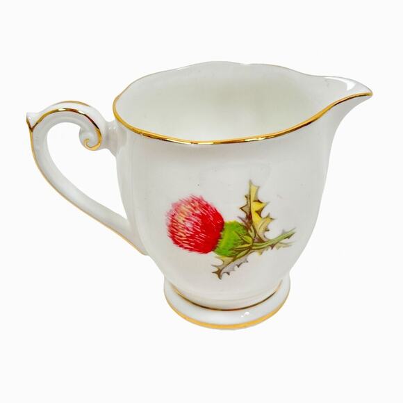 Bone China Mini Creamer Queen Anne Dundee Thistle Gold Trim Scalloped Edge 4 oz - Picture 2 of 11